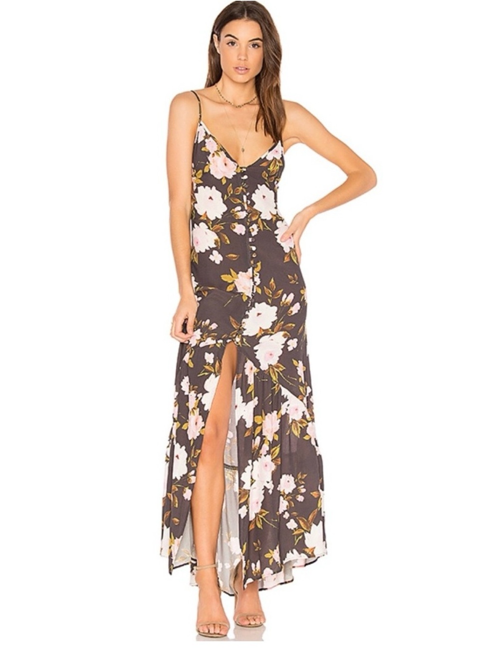 Flynn Skye “Ubutton Me” Gray Floral Slip Maxi Dress with Front Slit